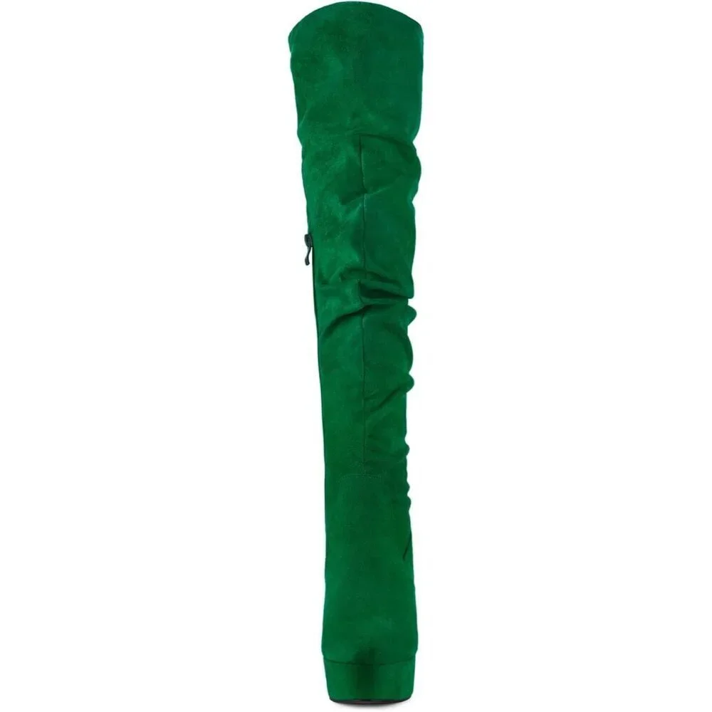Women Green Platform Round Toe Zipper Slouch Heel Over the Knee Thigh High Boot